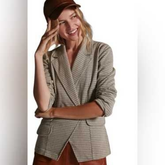 Maeve Anthropologie Women's Collegiate Knit Blazer‎ Brown Tan Plaid XL NWT